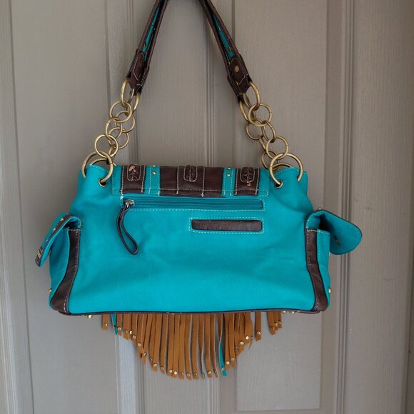Teal and Brown Two Strap Shoulder Bag - Picture 2 of 10